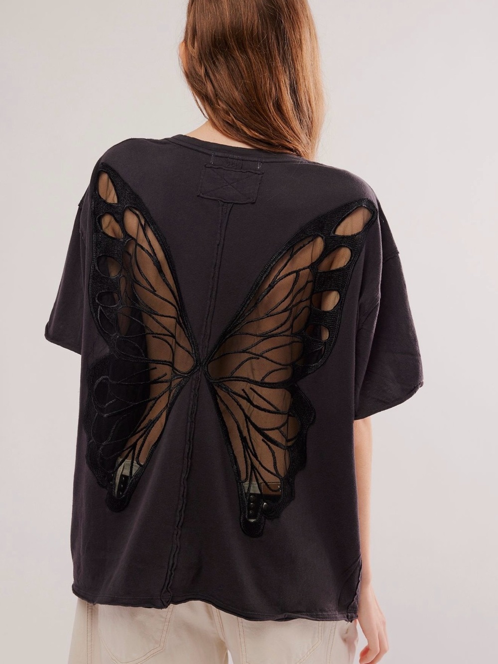 Free People Black Butterfly Cutout Short Sleeve Tee